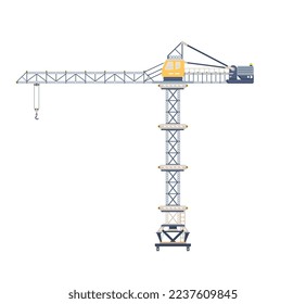 Crane, mobile crane with boom and cabin. Construction site equipment, machinery isolated. Flat vector illustration.