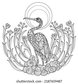 Crane and moon hand drawn for adult coloring book