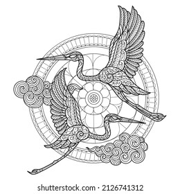 Crane and the moon. Hand drawn sketch illustration for adult coloring book