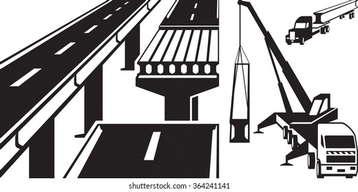 Crane mounting concrete beam bridge - vector illustration