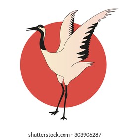 The crane on the background of the red sun. Vector Illustration