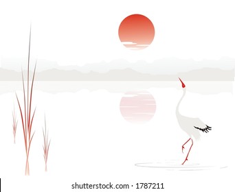 The crane on the lake, sunset and mountains. Vector illustration