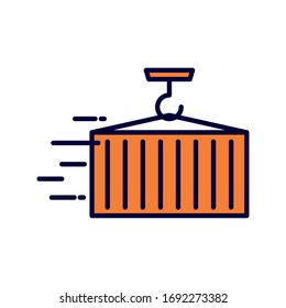 Crane with ontainer line and fill style icon design, Delivery logistics transportation shipping service warehouse industry and global theme Vector illustration