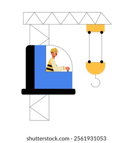 Crane Operator In Cabin In Flat Vector Illustration Symbolizing Construction Work, Machinery Operation, And Engineering Tasks, Isolated On White Background.