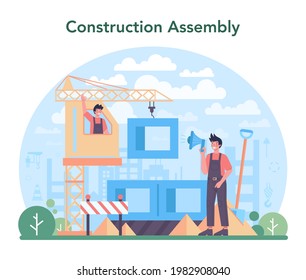 Crane operator concept. Industrial builder at the construction site. Professional installer constructing home with a lifting crane. City development. Isolated flat vector illustration