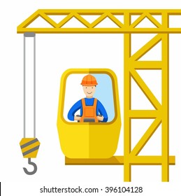 Crane operator, construction crane operator, a profession. The driver sits in the cab of a construction crane. Colored, flat illustration, vector picture.  