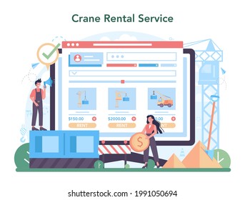 Servicio o plataforma en línea de operador de grúa. Constructor industrial en la construcción. Instalador construyendo hogar. Servicio de alquiler de grúas en línea. Ilustración vectorial plana