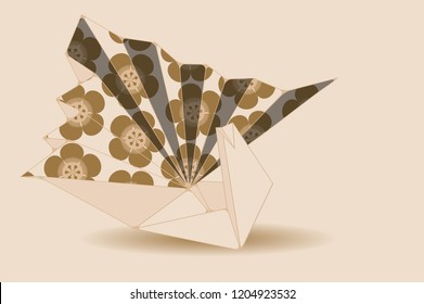 crane origami illustration with cherry flowers pattern in gold ivory shades