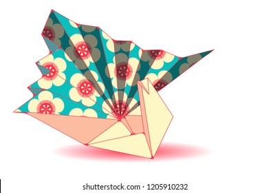 crane origami illustration with cherry flowers pattern in blue ivory shades