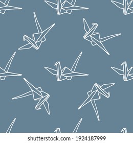 Crane origami seamless pattern. Japanese traditions. White outline on a gray background. Simple hand-drawn vector background. For paper, cover, fabric, gift packaging.