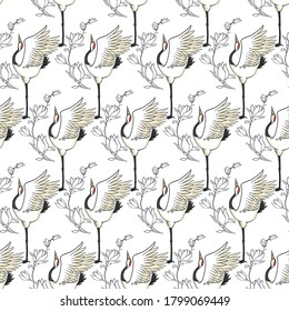 crane, pattern, birds, vector, illustration