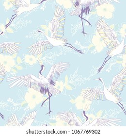 crane, pattern, vector illustration flying bird flower