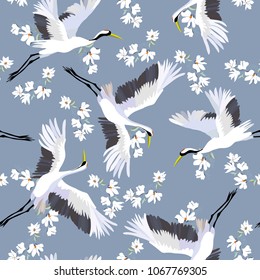 Crane, Pattern, Vector Illustration Flying Bird Flower