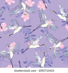 crane, pattern, vector illustration flying bird flower