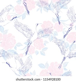 crane, pattern, vector illustration flying bird flower