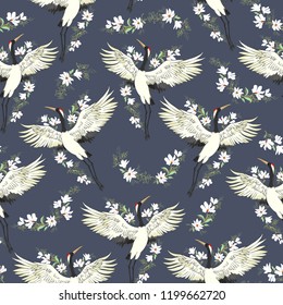 crane, pattern, vector illustration flying bird flower