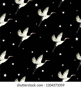 crane, pattern, vector illustration flying bird flower