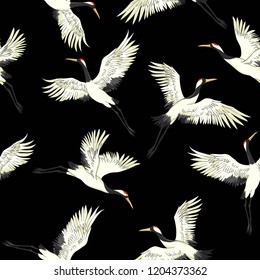 Crane, Pattern, Vector Illustration Flying Bird Flower