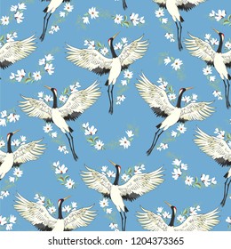 crane, pattern, vector illustration flying bird flower