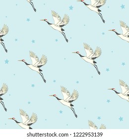 crane, pattern, vector illustration flying bird flower