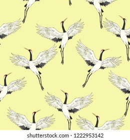 crane, pattern, vector illustration flying bird flower