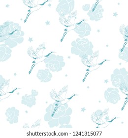 crane, pattern, vector illustration flying bird flower