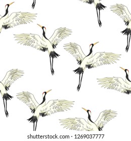 crane, pattern, vector illustration flying bird flower