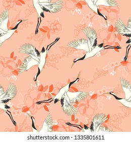 crane, pattern, vector illustration flying bird flower