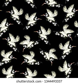 crane, pattern, vector illustration flying bird flower