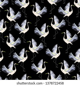 crane, pattern, vector illustration flying bird flower