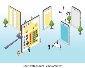 Crane people creating interface on phone tablet mobile UI UX design isometric 3d vector illustration