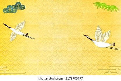 Crane, Pine and Bamboo Gold Leaf Japanese Background