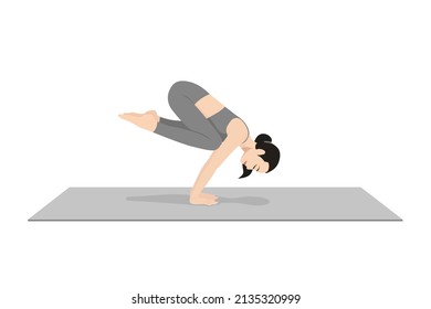 Crane Pose. Beautiful girl practice Bakasana. Young attractive woman practicing yoga exercise. working out, black wearing sportswear, grey pants and top, indoor full length, calmness and relax.