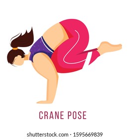 Crane pose flat vector illustration. Bakasana. Caucausian woman performing yoga posture in pink and purple sportswear. Workout. Physical exercise. Isolated cartoon character on white background