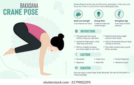 Guía y beneficios de Crane Pose: Ilustración vectorial del yoga