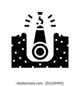 crane putting pipe in pit pipeline construction glyph icon vector. crane putting pipe in pit pipeline construction sign. isolated contour symbol black illustration