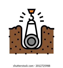 crane putting pipe in pit pipeline construction color icon vector. crane putting pipe in pit pipeline construction sign. isolated symbol illustration