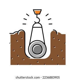 crane putting pipe in pit pipeline construction color icon vector. crane putting pipe in pit pipeline construction sign. isolated symbol illustration