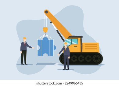 Crane and puzzle building 2d vector illustration concept for banner, website, illustration, landing page, flyer, etc