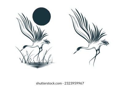 Crane in the reeds under the sun. Japanese hand drawn vector illustration isolated on white for greeting cards, tattoos and posters.