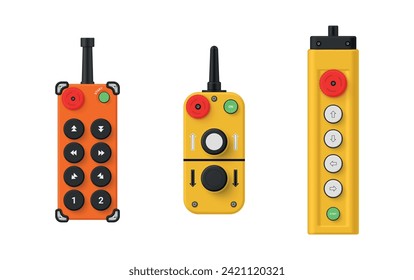 Crane remote control console with buttons orange yellow electric device set realistic vector illustration. Engineering manufacturing automation system technology construction heavy lift movement