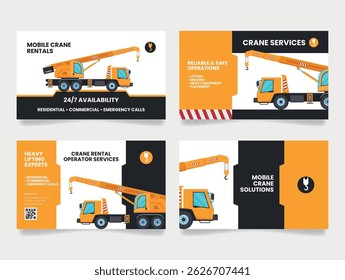 Crane service business card design showcasing mobile crane rentals and operator services in various settings