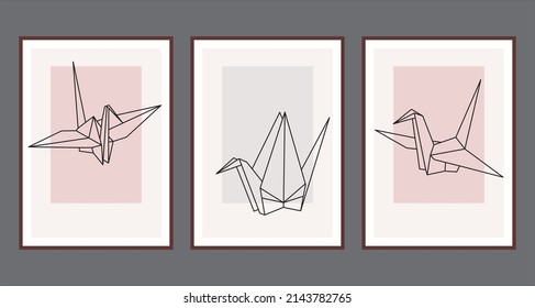 Crane set origami design. Vector illustration. Abstract art line backgrounds, posters wall art set. Minimalistic decor.