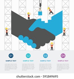 Crane and shaking hand building. Infographic Template. Vector Illustration.