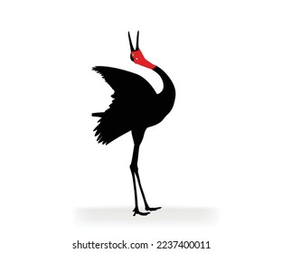 Crane silhouette, vector drawing. Illustration of a red-necked and headed crane, posing beautifully. Vector illustration.