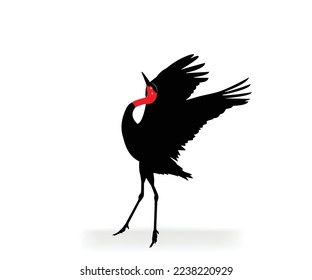 Crane silhouette, vector drawing. Illustration of a red-necked and headed crane, posing beautifully. Vector illustration.