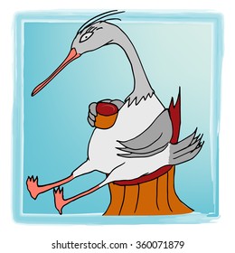 Crane sits on a stump and drinks coffee from a cup, drawn by hand.