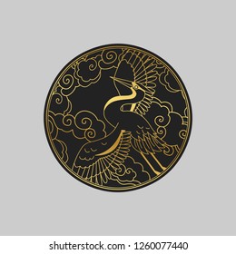 Crane in the sky. Vector hand drawn illustration, inspired by traditional asian art
