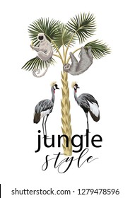 Crane, sloth, lemur, palm tree tropical exotic illustration. Jungle style vintage slogan summer composition.