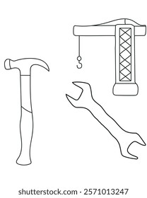 Crane, Spanner, Hammer common tools in a construction vector set include a saw, ideal for cutting wood, metal, a drill, which creates holes in various materials. clean, modern vector style.